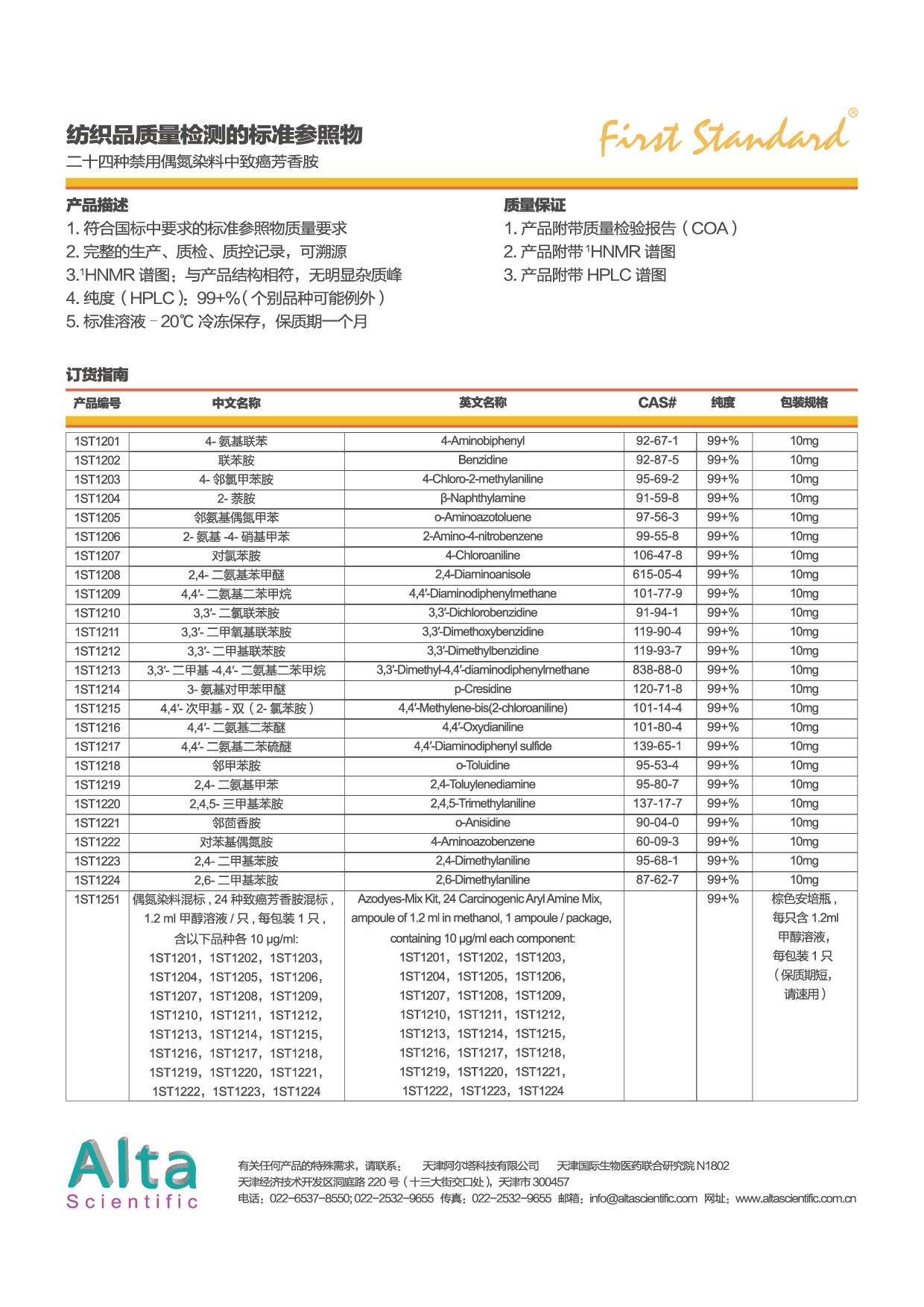 二十四种禁用偶氮染料检测标准品-阿尔塔科技有限公司